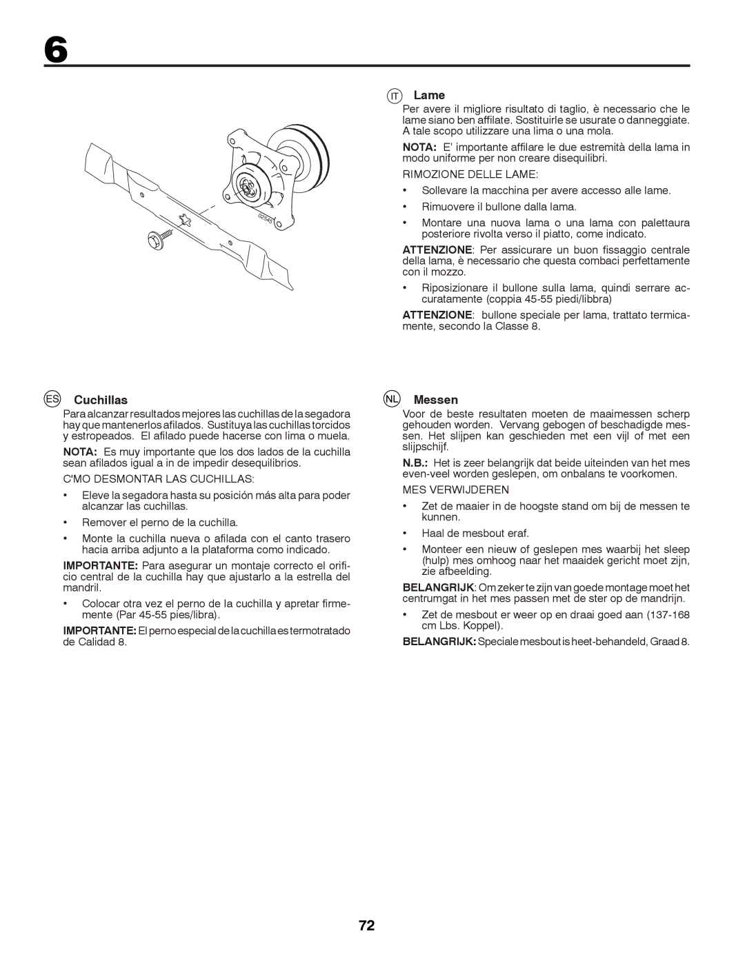 Husqvarna CTH126 instruction manual Cuchillas, Lame, Messen 