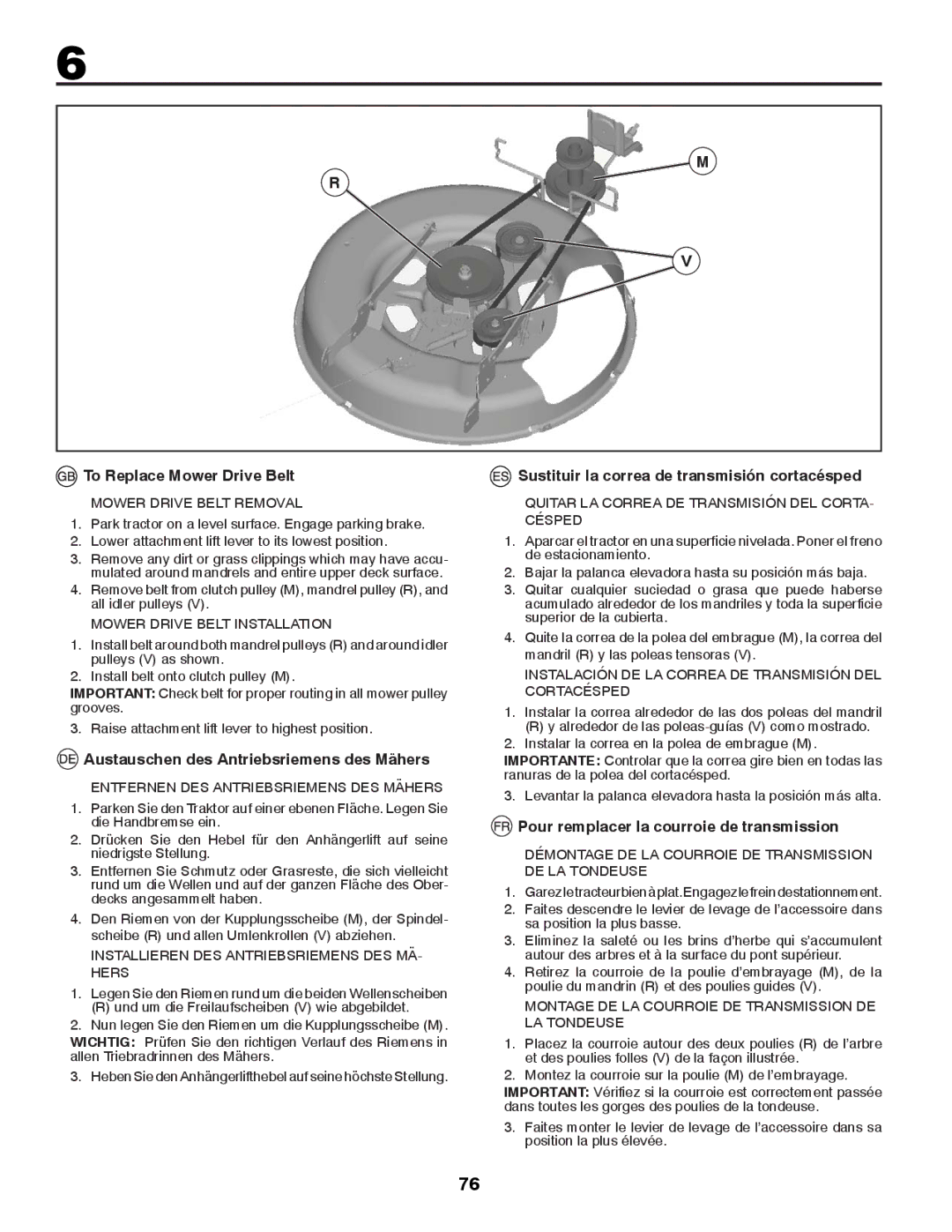 Husqvarna CTH126 instruction manual To Replace Mower Drive Belt, Austauschen des Antriebsriemens des Mähers 