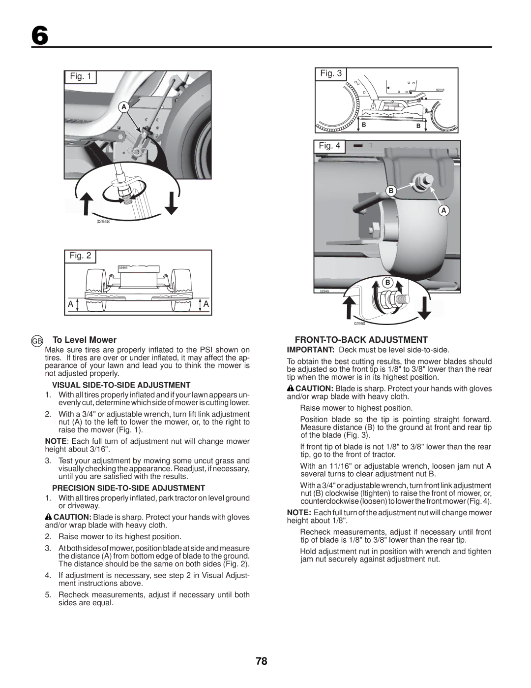 Husqvarna CTH126 instruction manual To Level Mower, FRONT-TO-BACK Adjustment, Visual SIDE-TO-SIDE Adjustment 