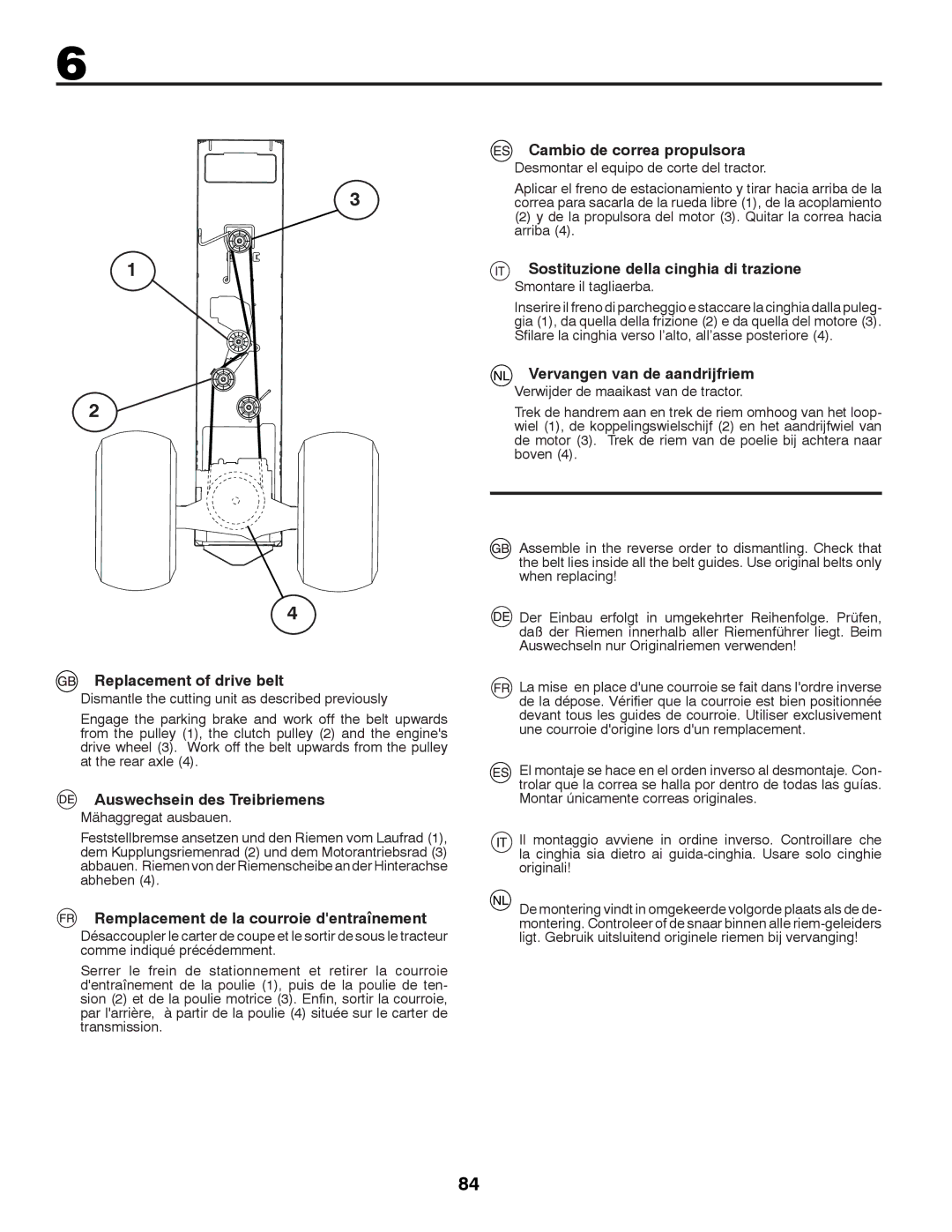 Husqvarna CTH126 Replacement of drive belt, Auswechsein des Treibriemens, Remplacement de la courroie dentraînement 