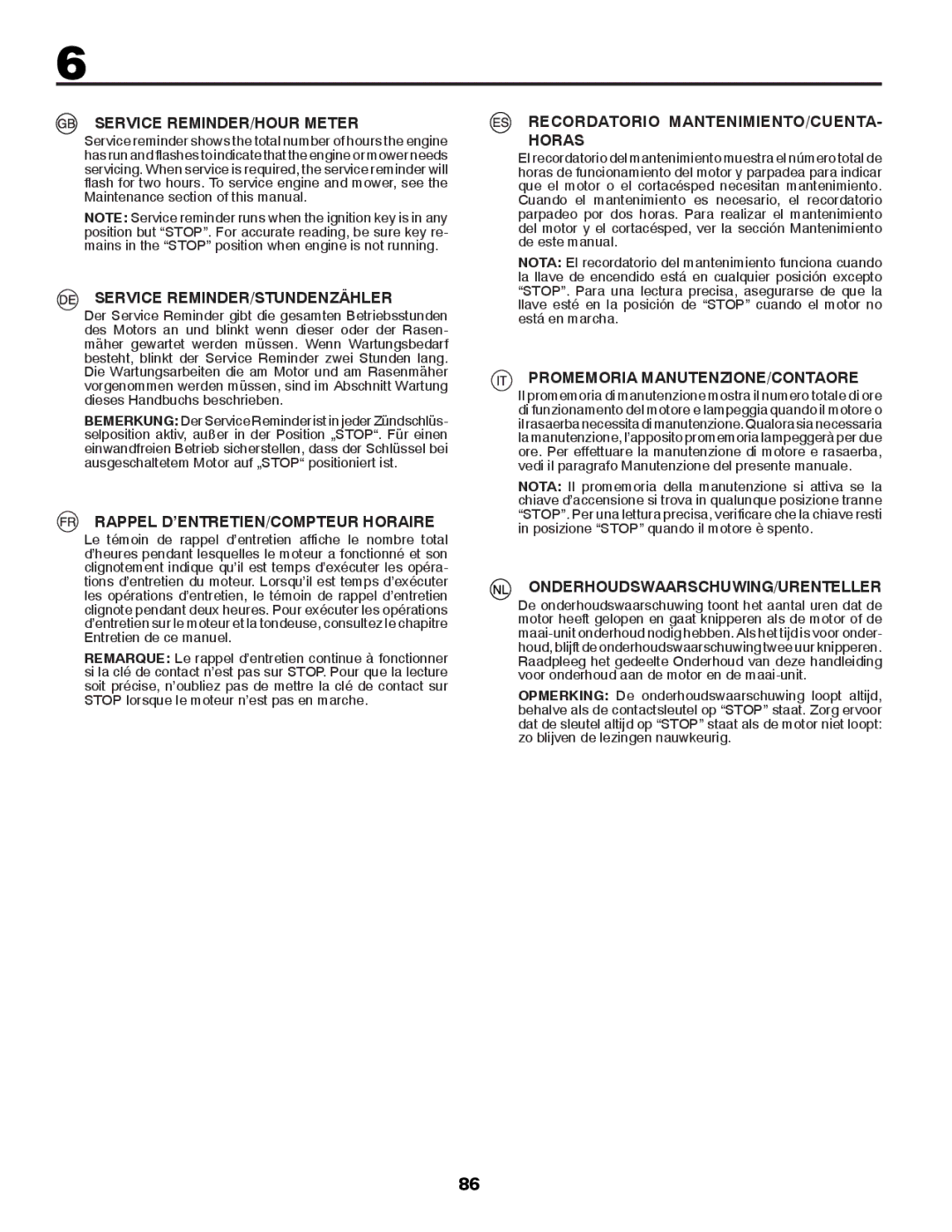 Husqvarna CTH126 Service REMINDER/HOUR Meter, Service REMINDER/STUNDENZÄHLER, Rappel D’ENTRETIEN/COMPTEUR Horaire 