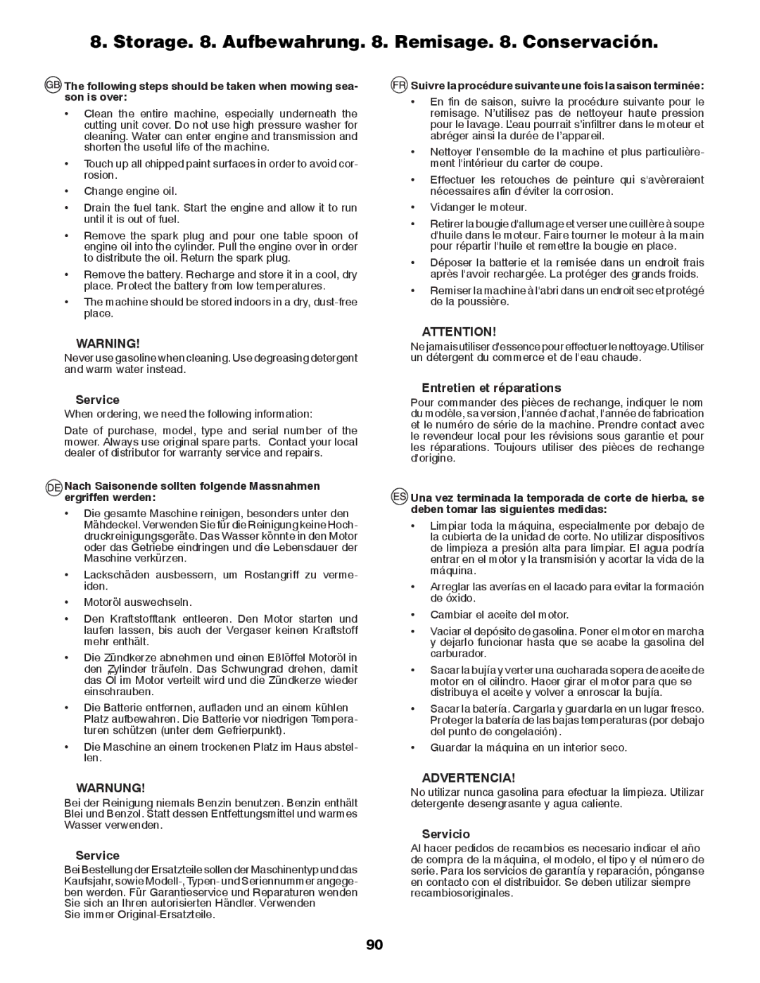 Husqvarna CTH126 Storage . Aufbewahrung . Remisage . Conservación, Service, Entretien et réparations, Servicio 