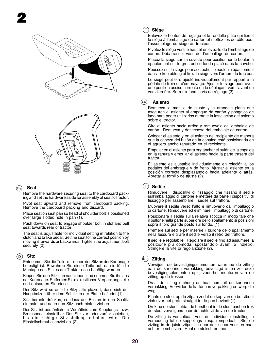 Husqvarna CTH130 instruction manual Sitz, Siè ge, Esp Asiento, Sedile, NL Zitting 