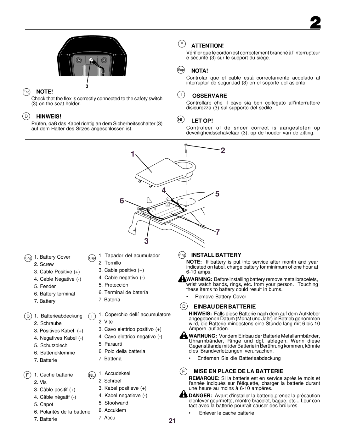 Husqvarna CTH130 instruction manual Hinweis, Osservare, Nl Let Op, Einbau DER Batterie, Mise EN Place DE LA Batterie 