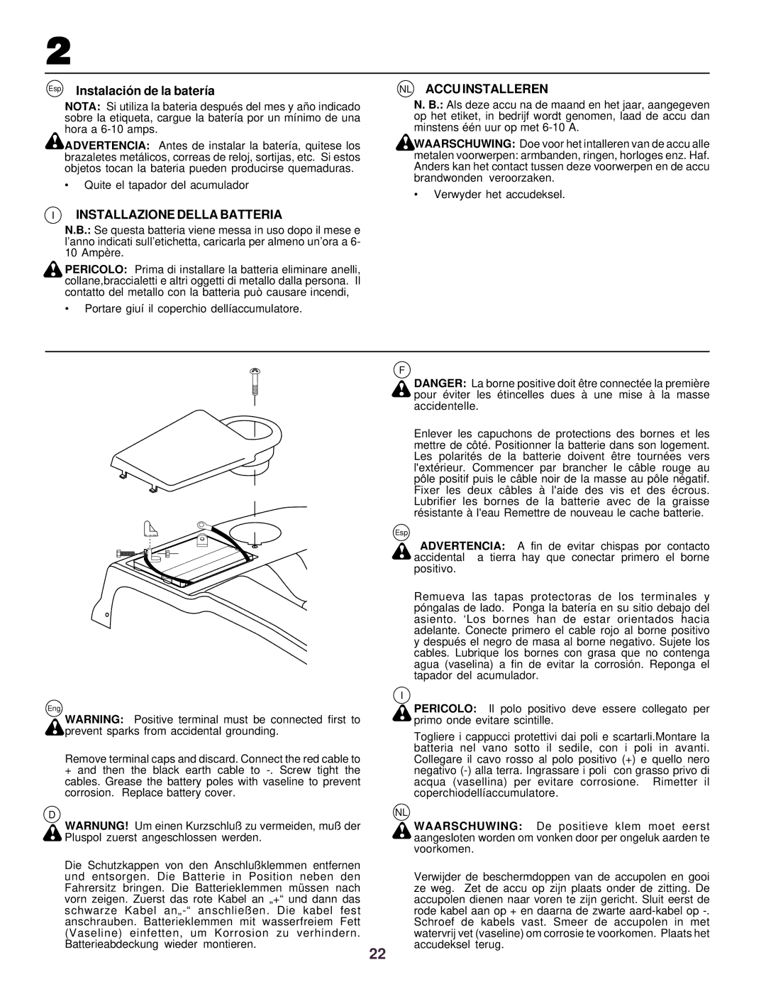 Husqvarna CTH130 instruction manual Installazione Della Batteria NL Accu Installeren, Instalació n de la batería 