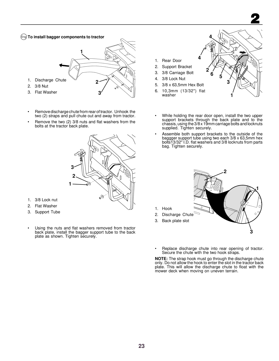 Husqvarna CTH130 instruction manual Eng To install bagger components to tractor, Discharge Chute Nut Flat Washer 