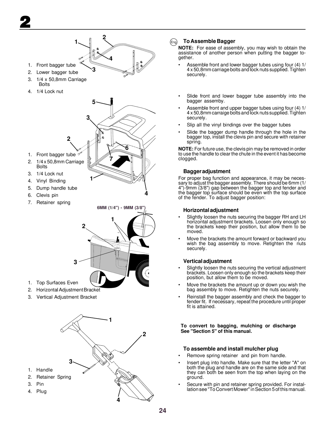 Husqvarna CTH130 instruction manual Eng To Assemble Bagger, Bagger adjustment, Horizontal adjustment, Vertical adjustment 