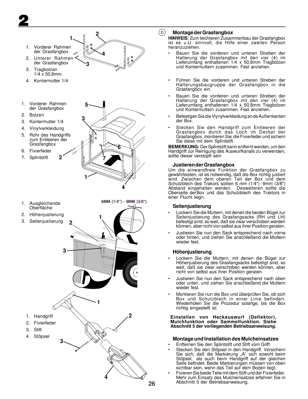 Husqvarna CTH130 instruction manual Montage der Grasfangbox, Justieren der Grasfangbox, Seitenjustierung, Hö henjustierung 