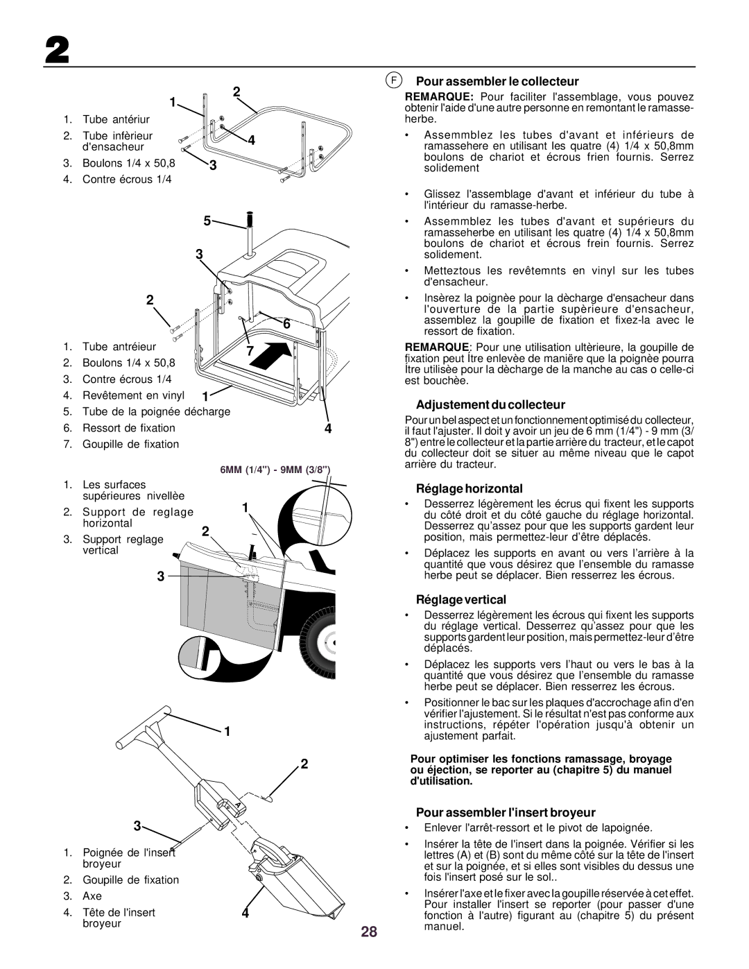 Husqvarna CTH130 Pour assembler le collecteur, Adjustement du collecteur, Ré glage horizontal, Ré glage vertical 