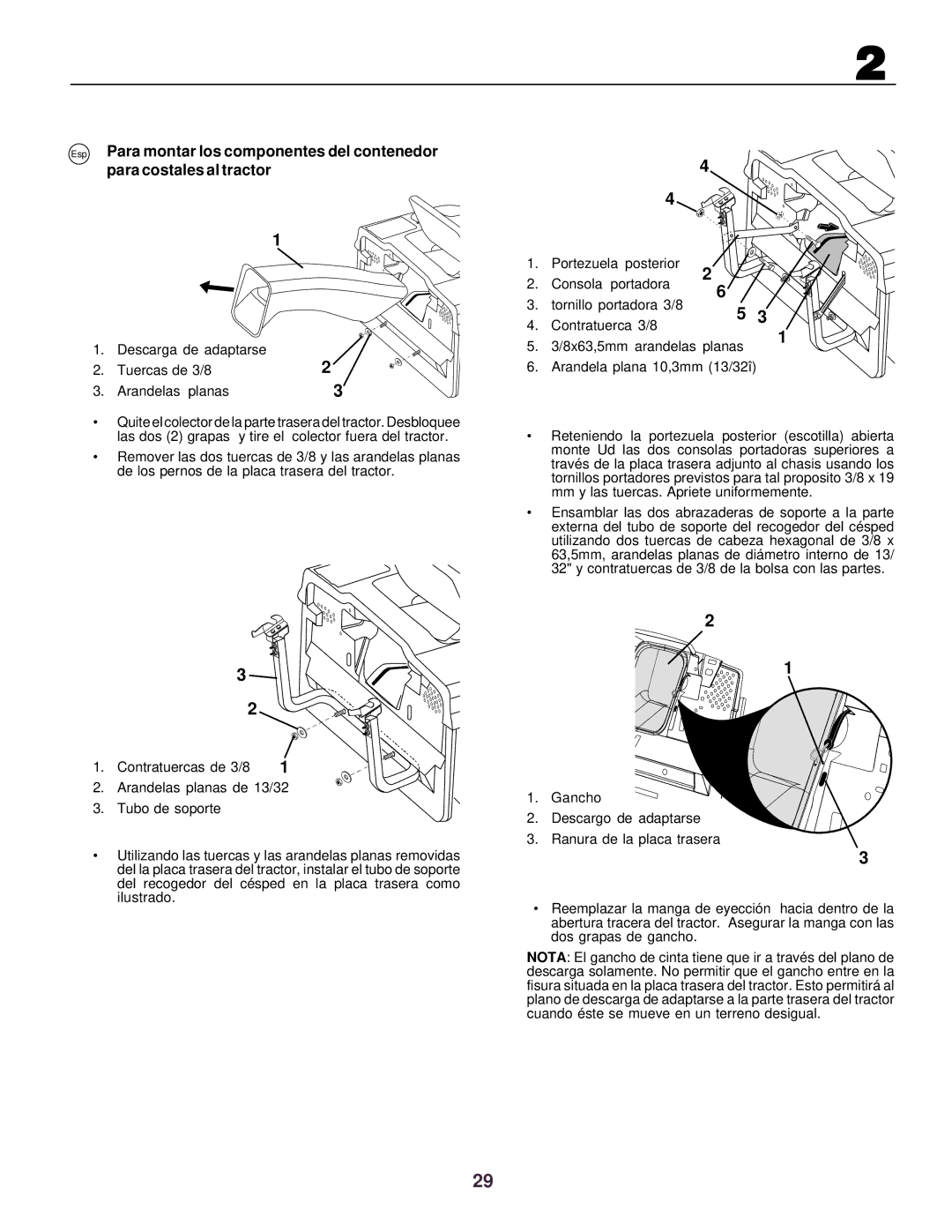 Husqvarna CTH130 instruction manual Descarga de adaptarse, 8x63,5mm arandelas planas Tuercas de 3/8 Arandelas planas 