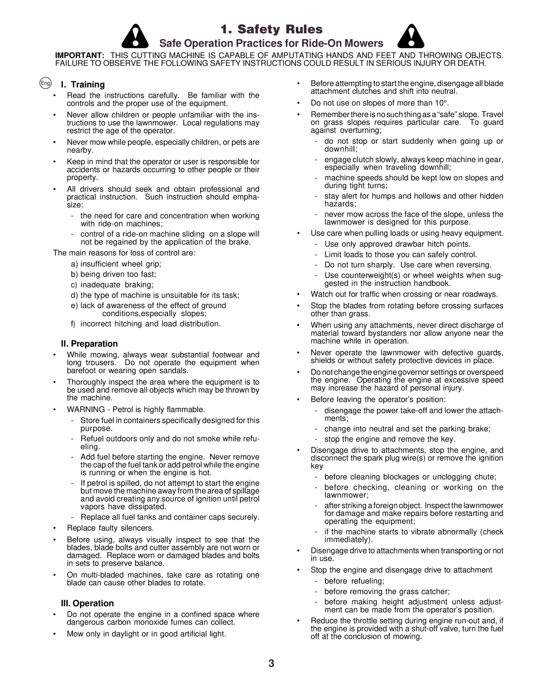 Husqvarna CTH130 instruction manual Safety Rules, Eng I. Training, II. Preparation, III. Operation 