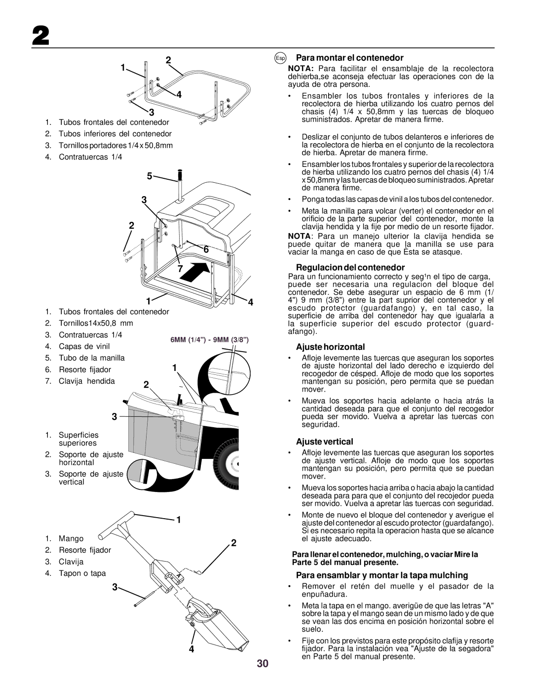 Husqvarna CTH130 Esp Para montar el contenedor, Regulacion del contenedor, Ajuste horizontal, Ajuste vertical 