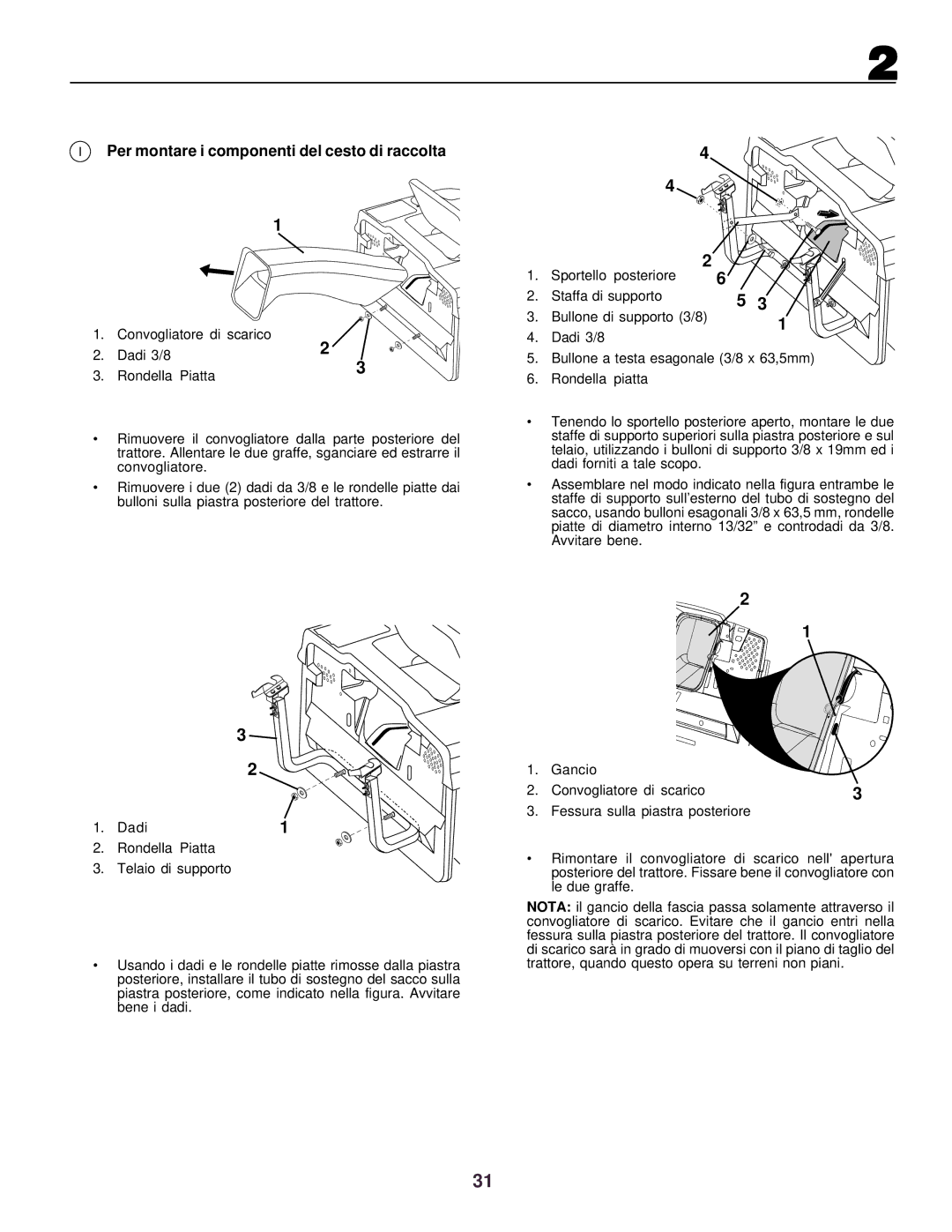 Husqvarna CTH130 instruction manual Per montare i componenti del cesto di raccolta 