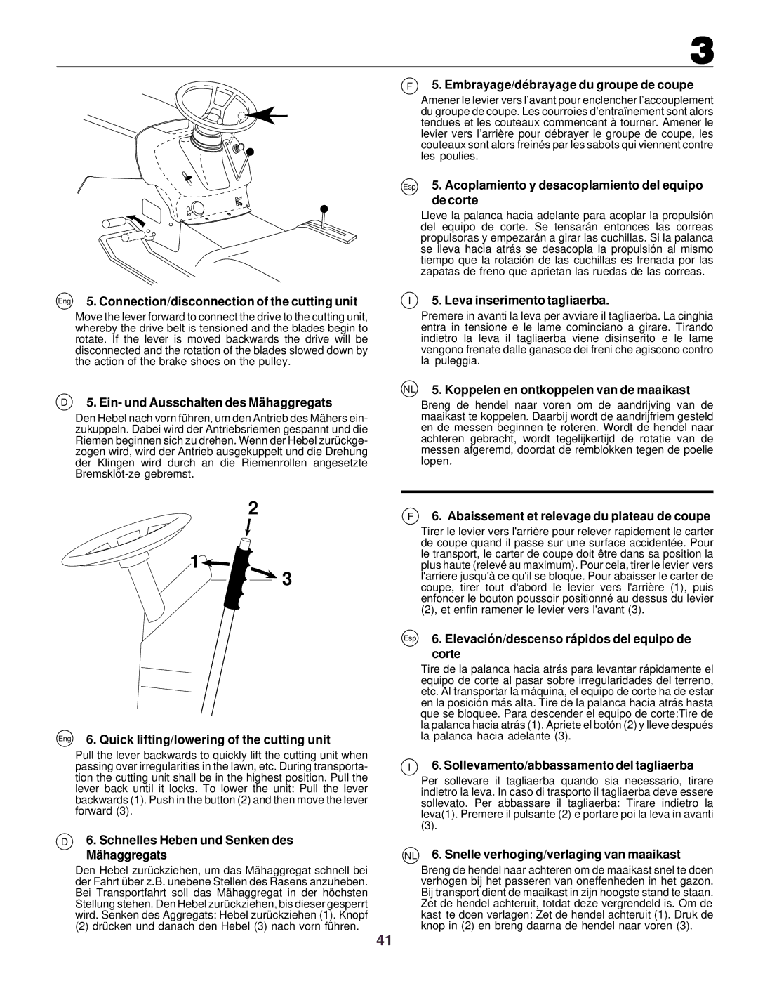 Husqvarna CTH130 Eng 5. Connection/disconnection of the cutting unit, Ein- und Ausschalten des Mä haggregats 