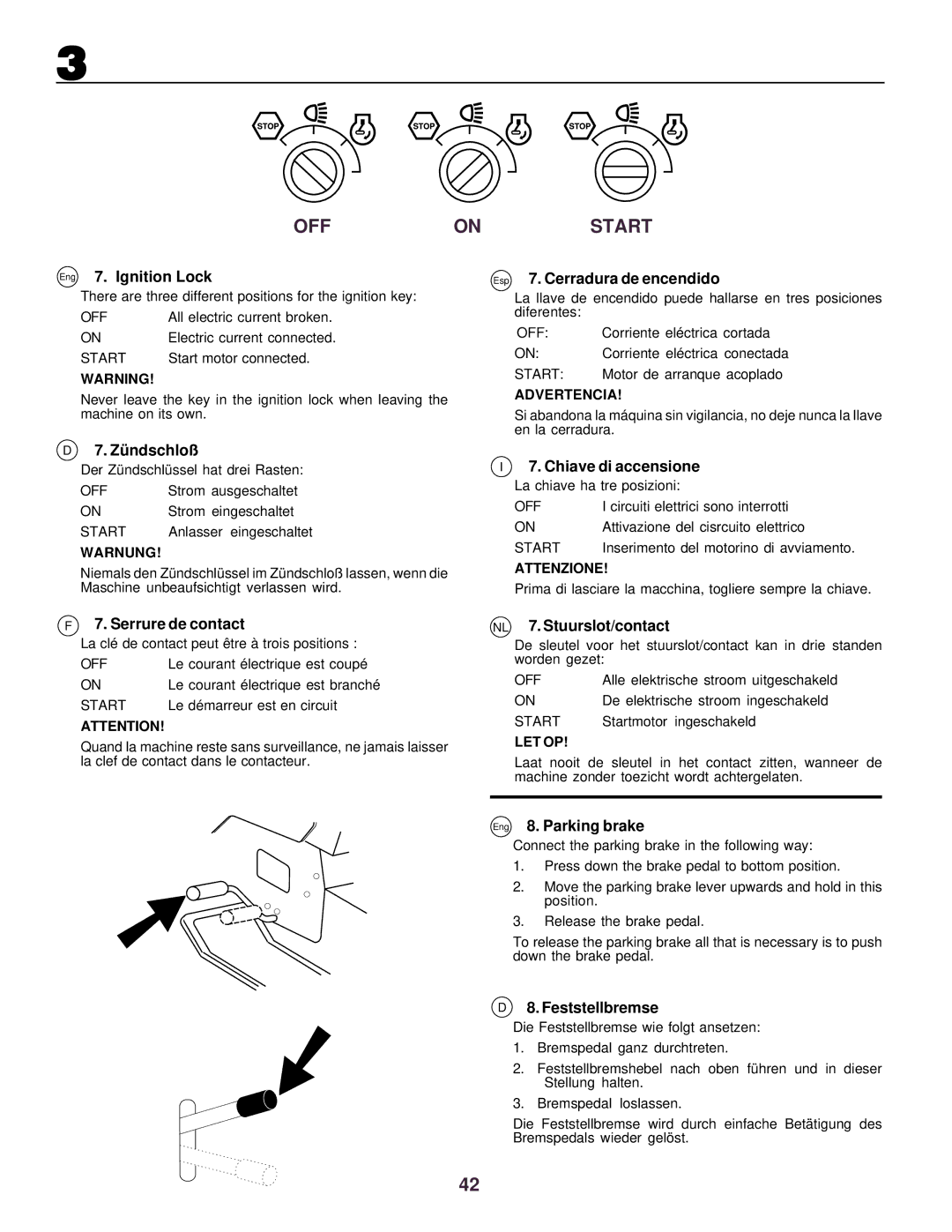 Husqvarna CTH130 Eng 7. Ignition Lock, Esp 7. Cerradura de encendido, Zü ndschloß, Serrure de contact, Feststellbremse 