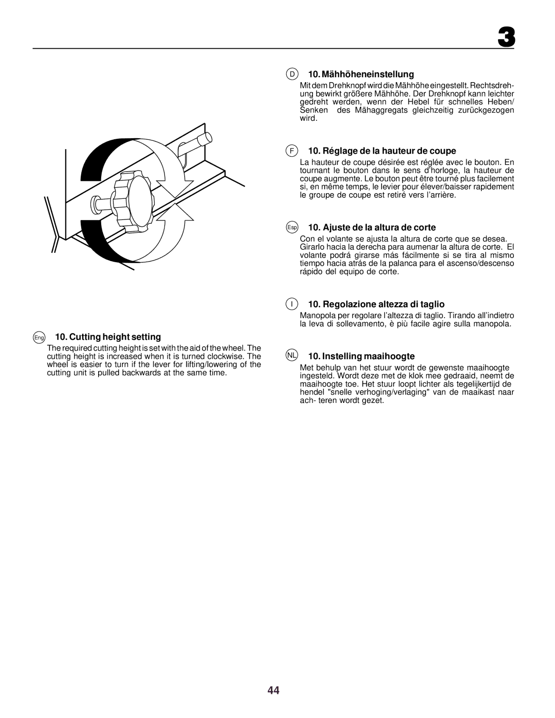 Husqvarna CTH130 Eng 10. Cutting height setting, 10. Mä hhö heneinstellung, 10. Ré glage de la hauteur de coupe 