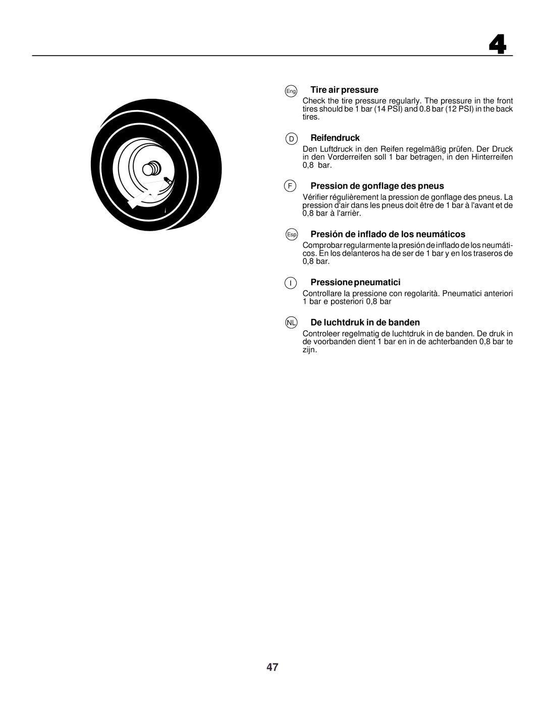 Husqvarna CTH130 Eng Tire air pressure, Reifendruck, Pression de gonflage des pneus, Pressione pneumatici 