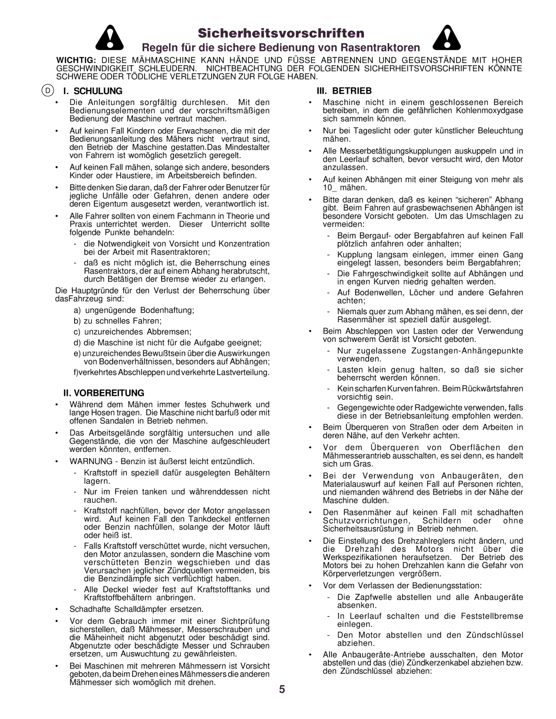 Husqvarna CTH130 instruction manual Sicherheitsvorschriften, Schulung, II. Vorbereitung, III. Betrieb 