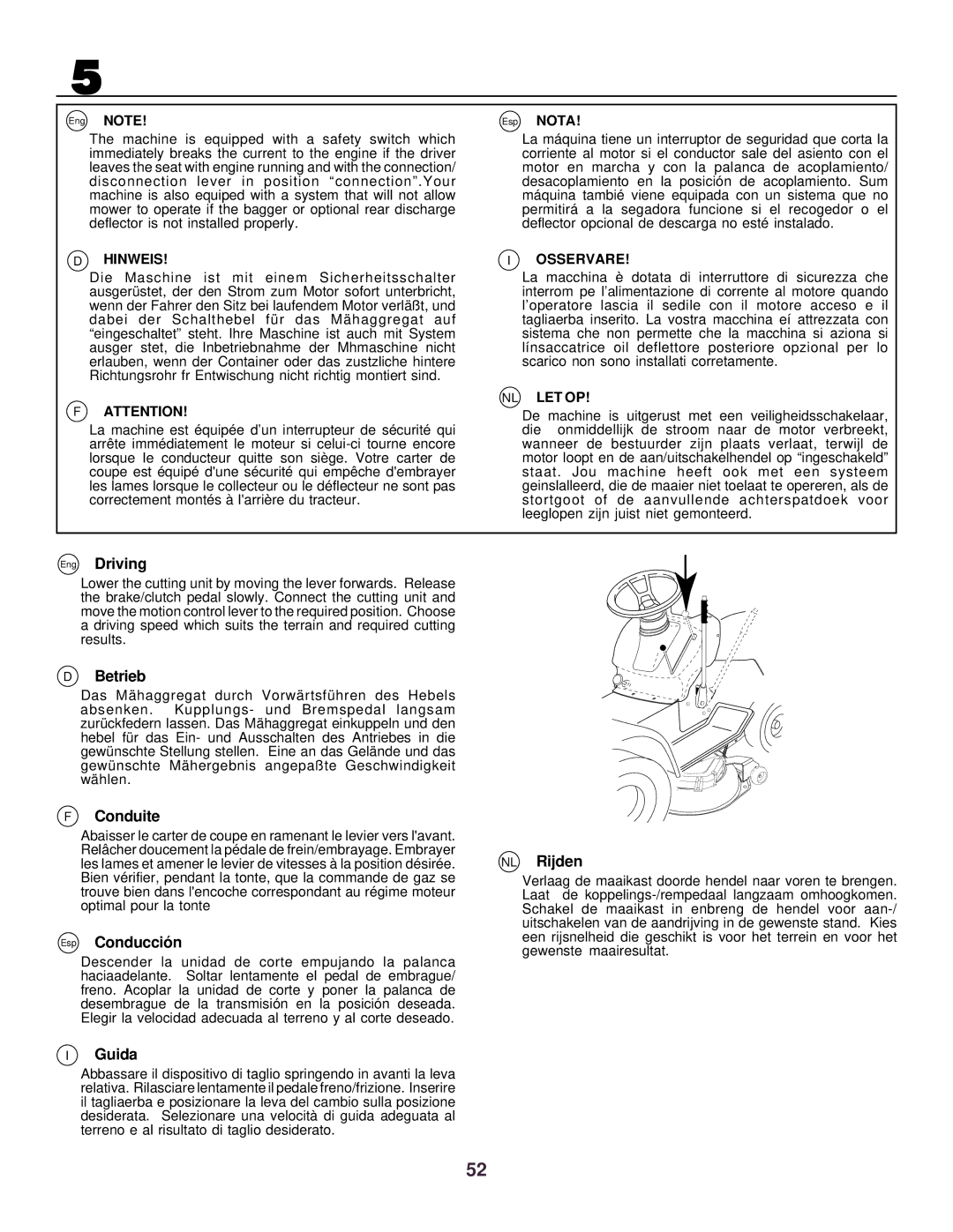 Husqvarna CTH130 instruction manual Eng Driving, Betrieb, Conduite, Esp Conducció n, NL Rijden, Guida 