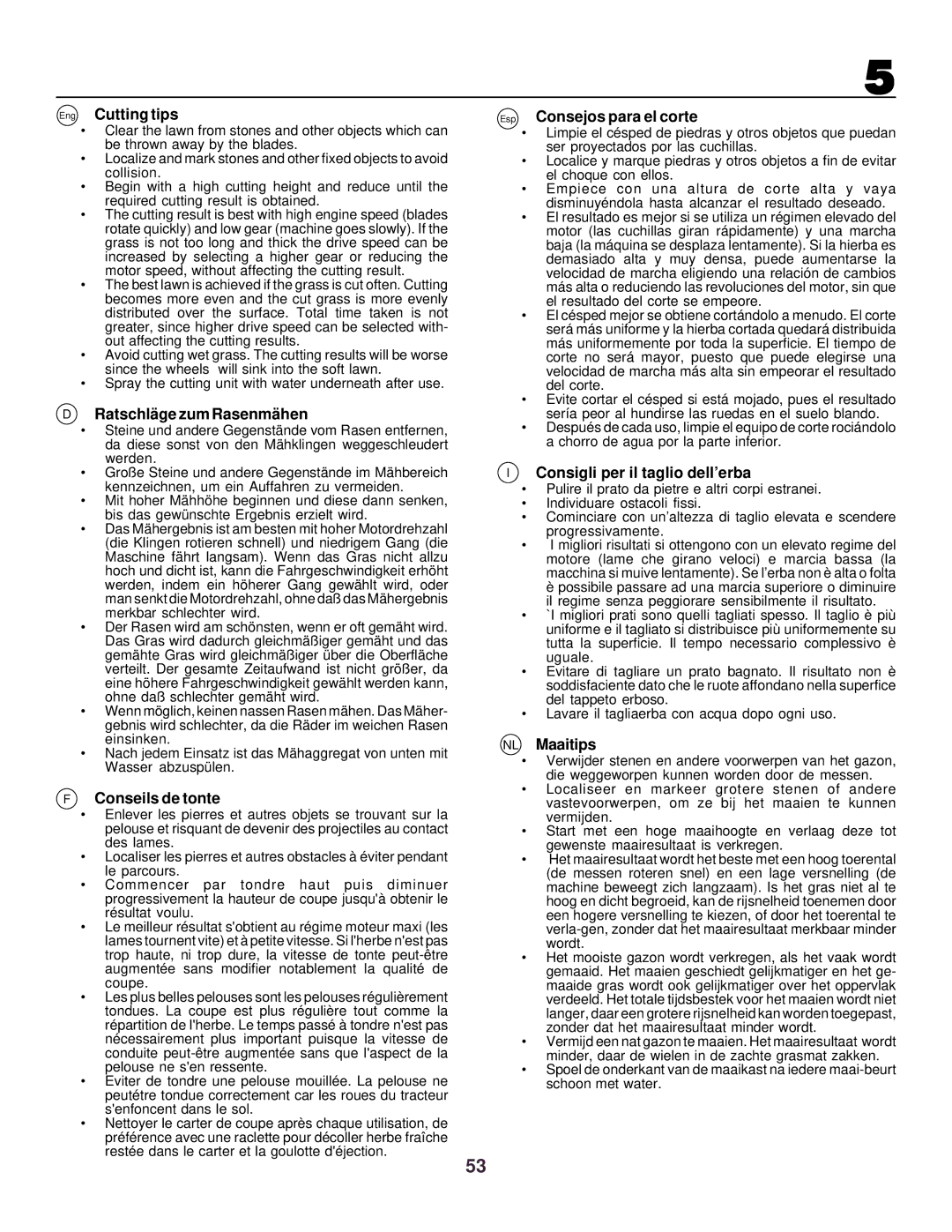 Husqvarna CTH130 Eng Cutting tips, Ratschlä ge zum Rasenmä hen, Conseils de tonte, Esp Consejos para el corte, NL Maaitips 