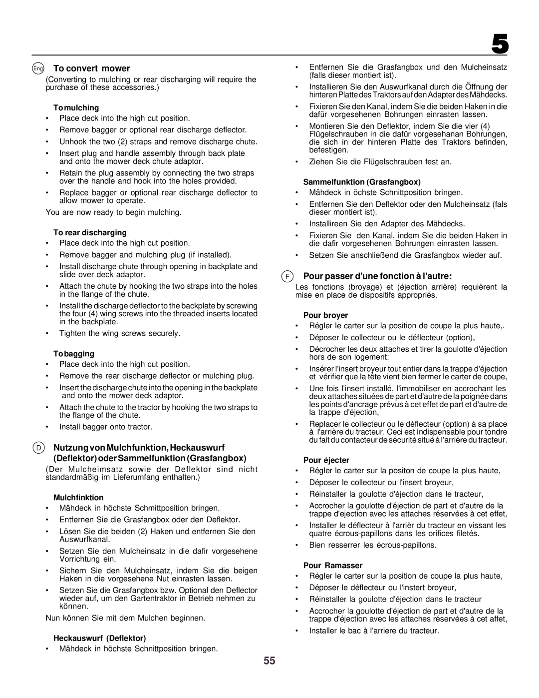 Husqvarna CTH130 instruction manual Eng To convert mower, Pour passer dune fonctionà lautre 