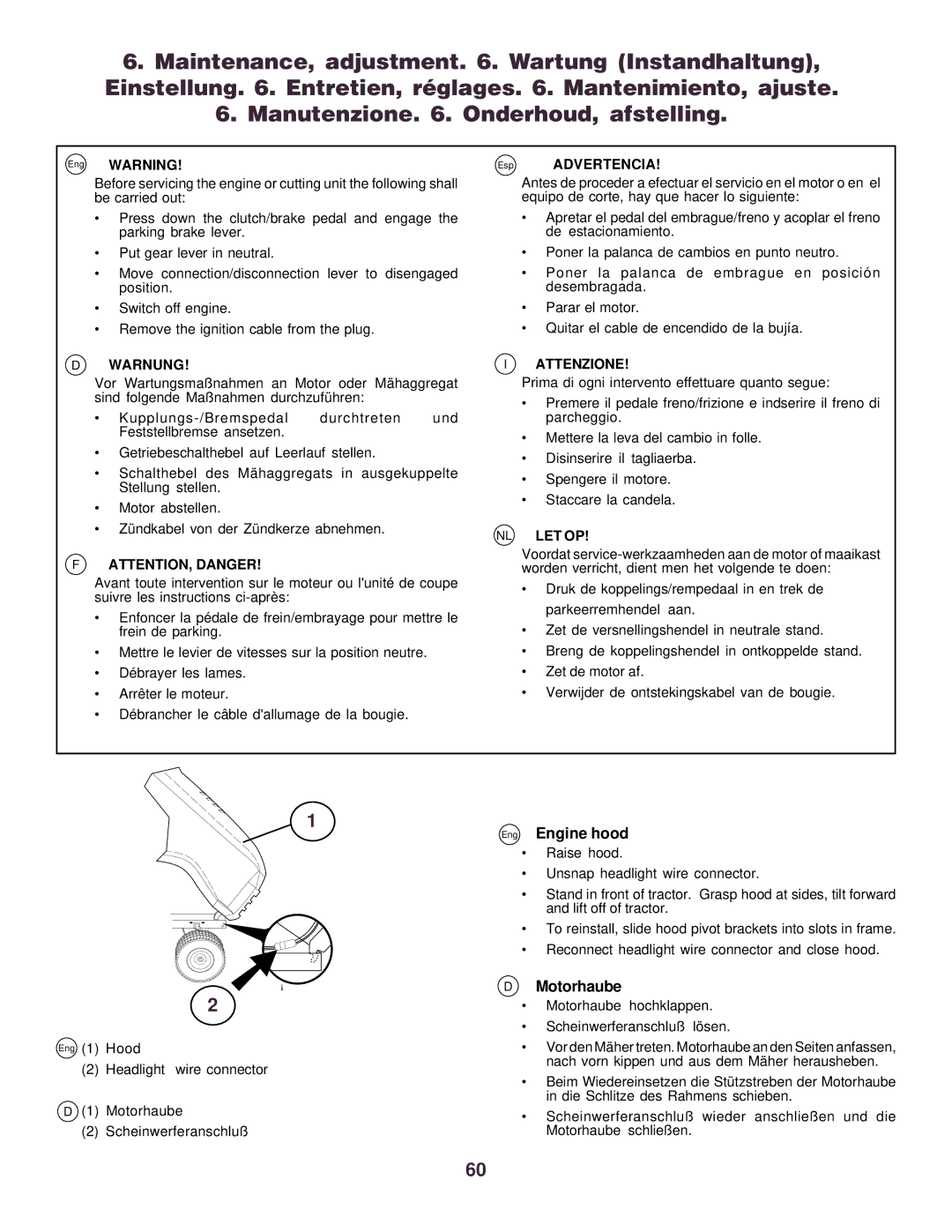 Husqvarna CTH130 instruction manual Eng Engine hood, Motorhaube hochklappen Scheinwerferanschluß lösen 