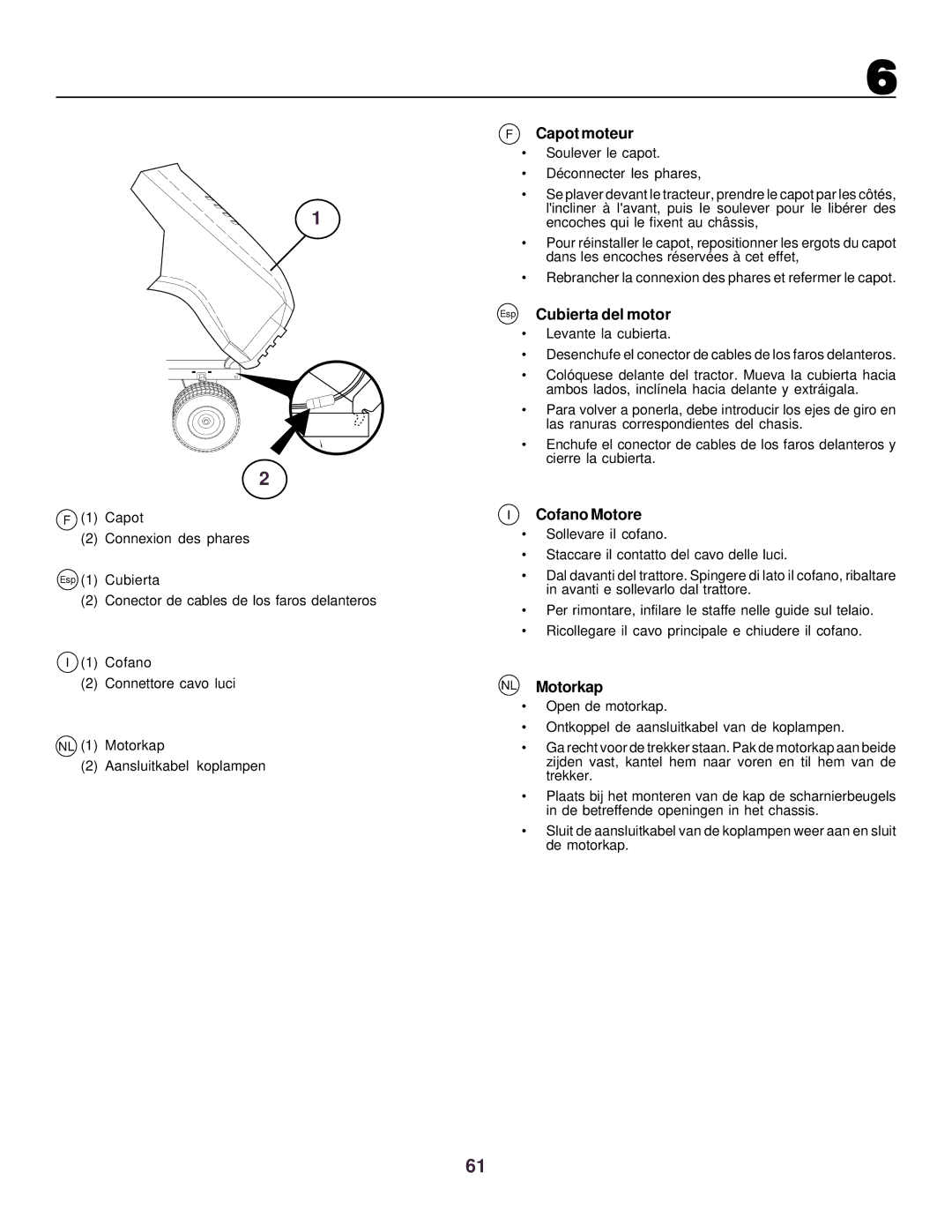 Husqvarna CTH130 instruction manual Capot moteur, Esp Cubierta del motor, Cofano Motore, NL Motorkap 