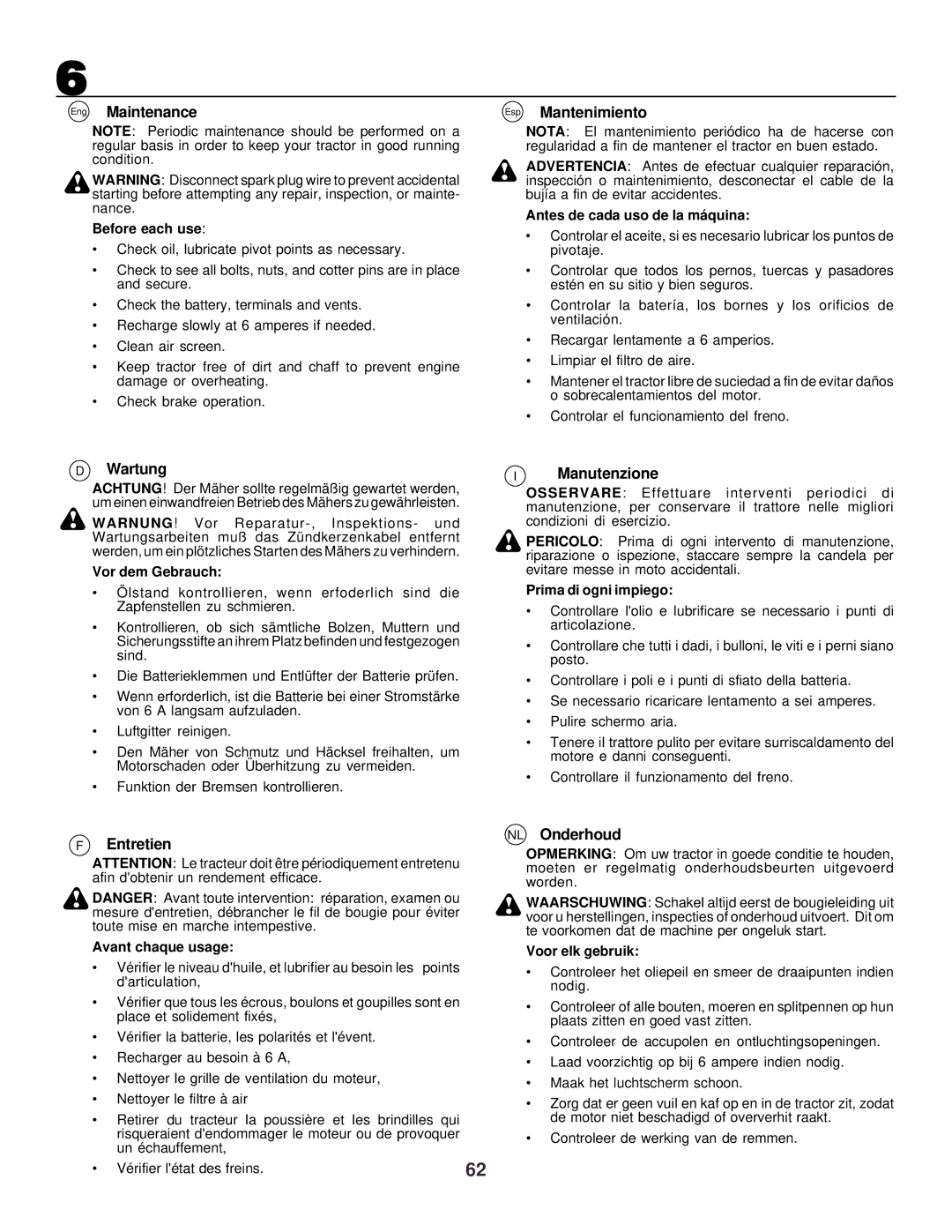 Husqvarna CTH130 instruction manual Eng Maintenance, Wartung, Entretien, Esp Mantenimiento, Manutenzione, NL Onderhoud 