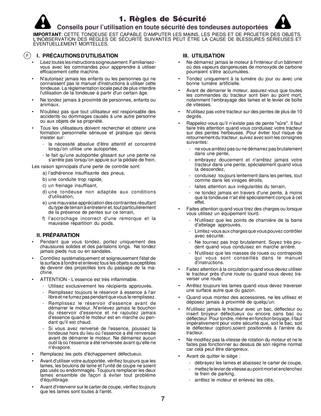 Husqvarna CTH130 instruction manual Règles de Sécurité, Précautions Dutilisation, II. Préparation, III. Utilisation 