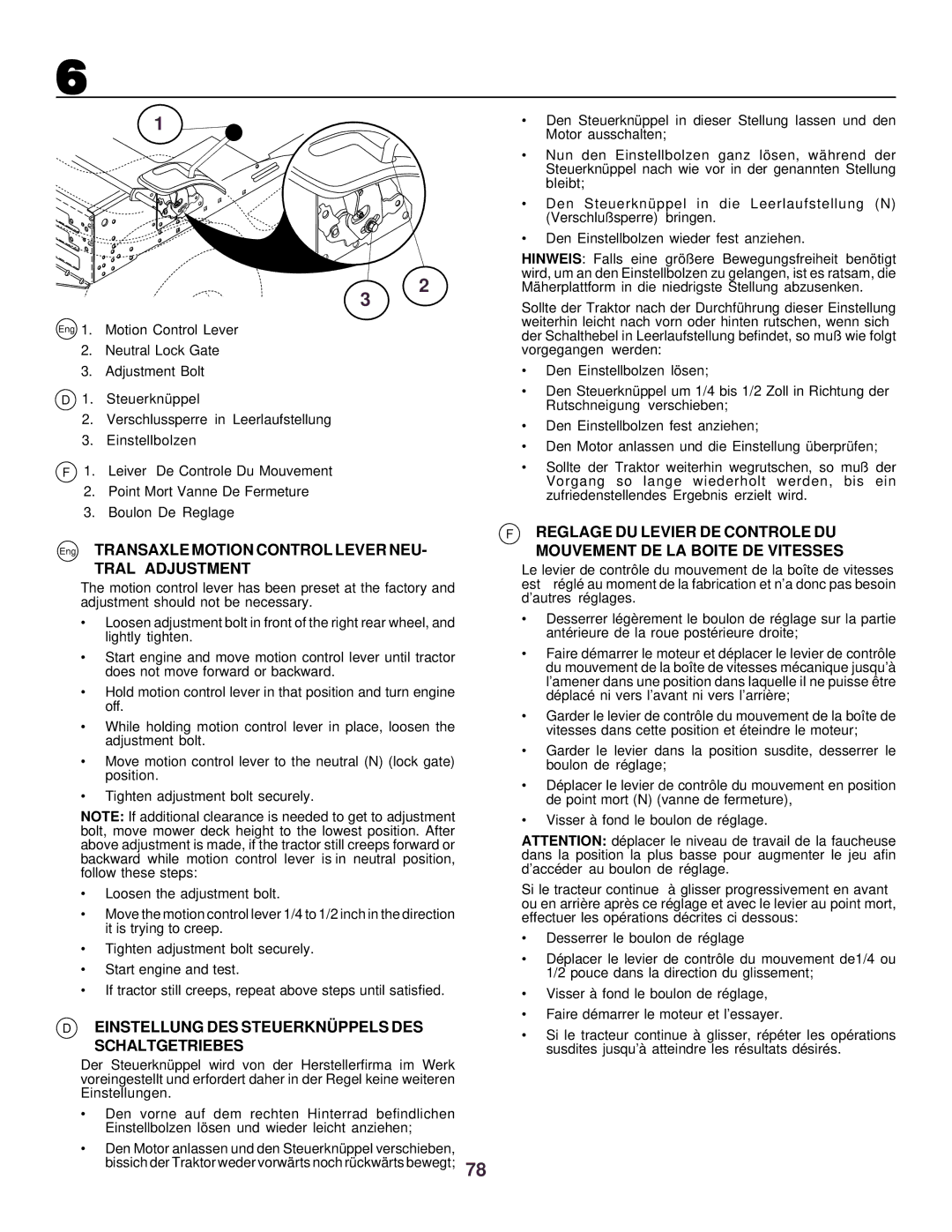 Husqvarna CTH130 instruction manual Eng Transaxle Motion Control Lever NEU, Tral Adjustment 