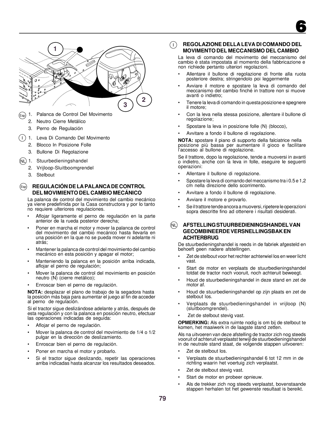 Husqvarna CTH130 instruction manual Esp Regulació N DE LA Palanca DE Control, DEL Movimiento DEL Cambio Mecá Nico 