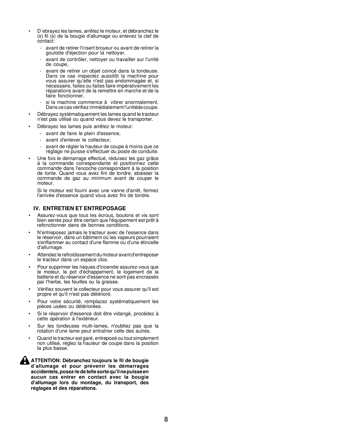 Husqvarna CTH130 instruction manual IV. Entretien ET Entreposage 