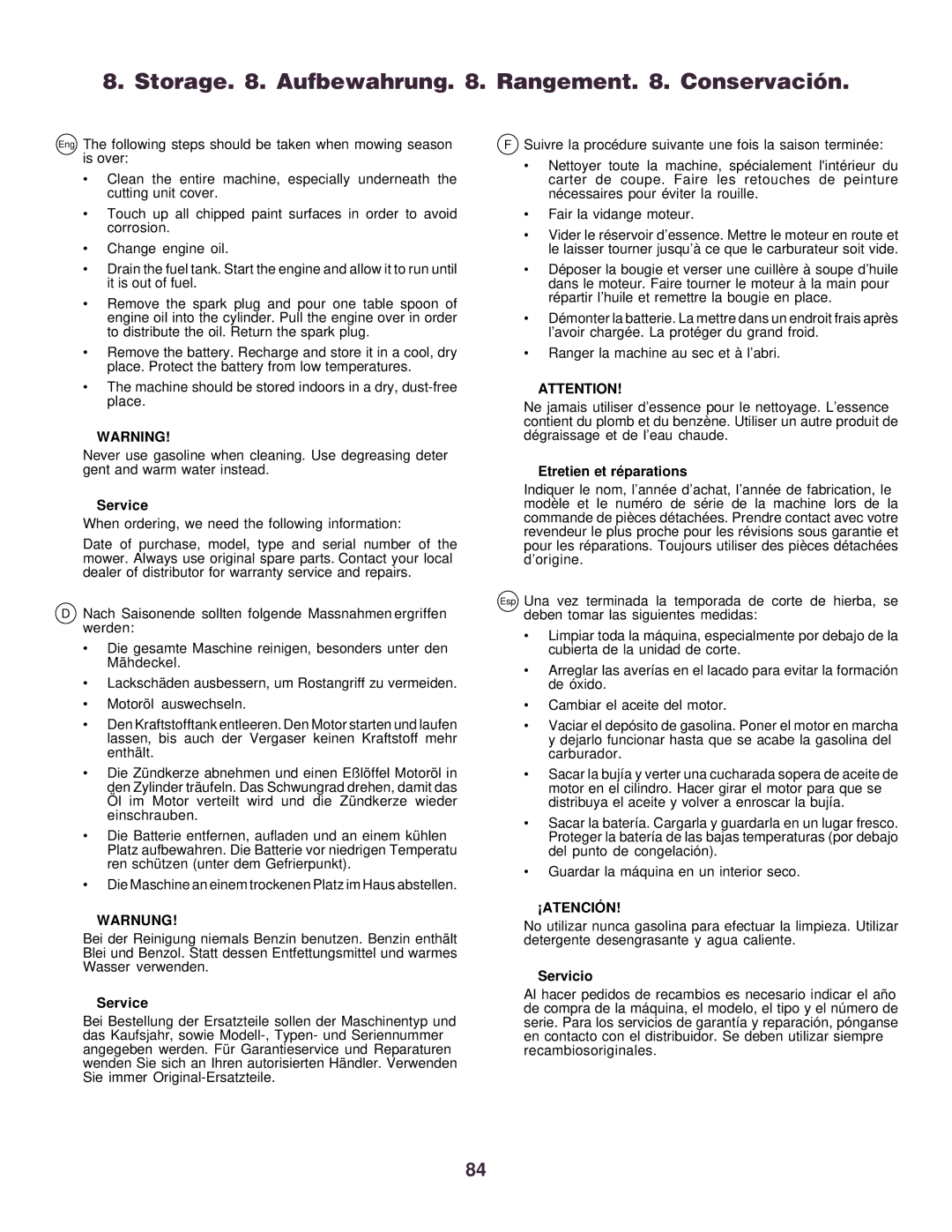 Husqvarna CTH130 Storage . Aufbewahrung . Rangement . Conservación, Service, Etretien et ré parations, ¡Atenció N 