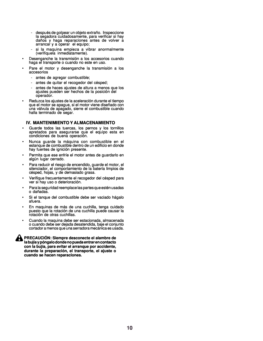 Husqvarna CTH130 instruction manual Iv. Mantenimiento Y Almacenamiento 