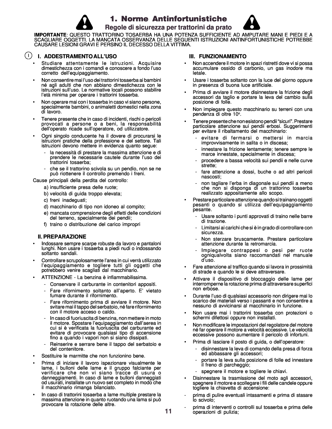 Husqvarna CTH130 Norme Antinfortunistiche, Regole di sicurezza per trattorini da prato, I I. Addestramento All’Uso 