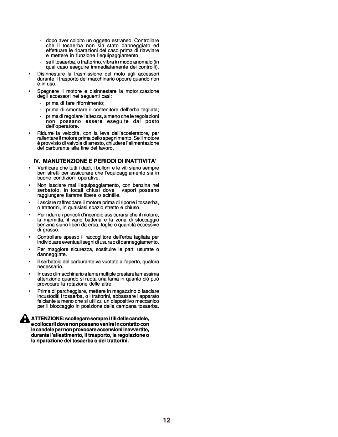 Husqvarna CTH130 instruction manual Iv. Manutenzione E Periodi Di Inattivita’ 