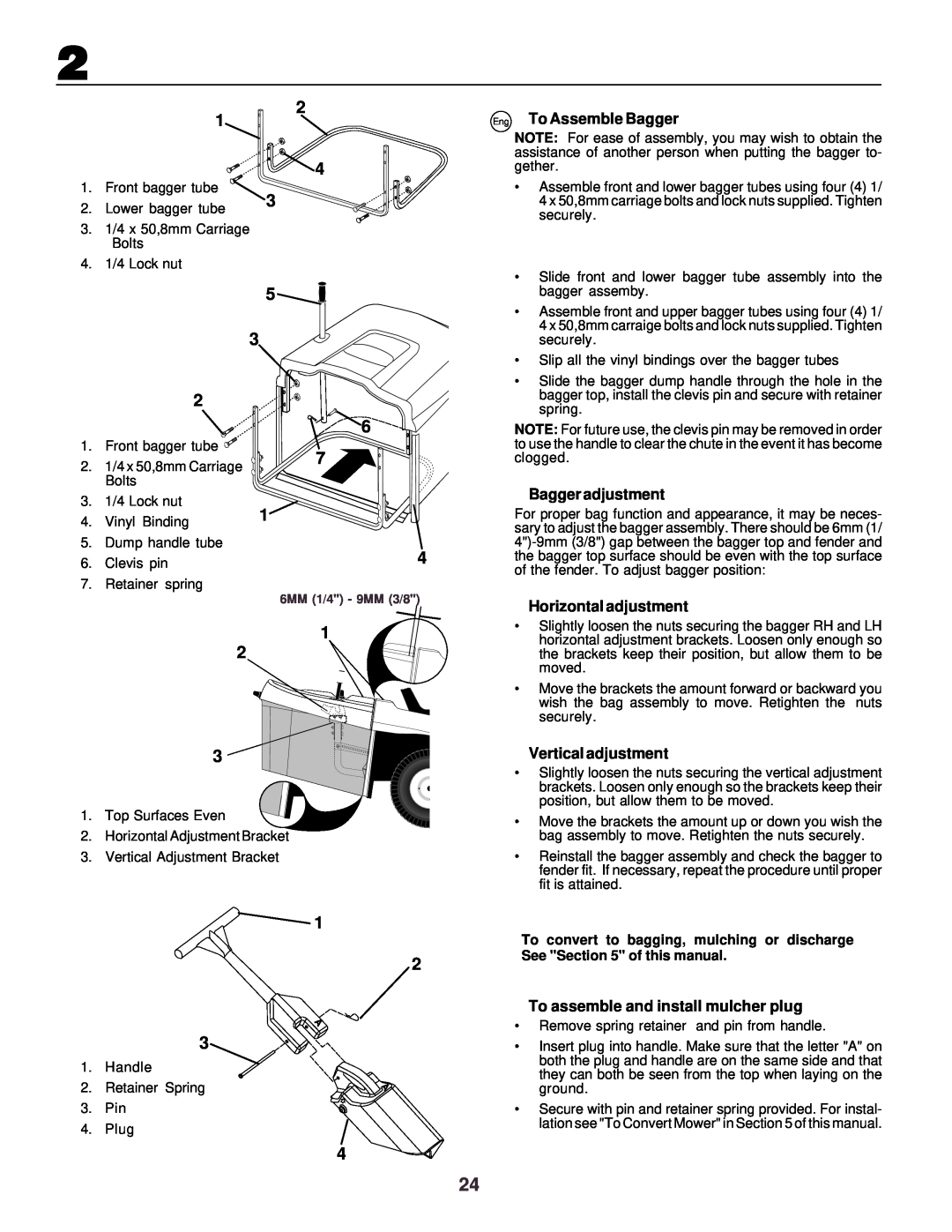 Husqvarna CTH130 instruction manual Eng To Assemble Bagger, Bagger adjustment, Horizontal adjustment, Vertical adjustment 
