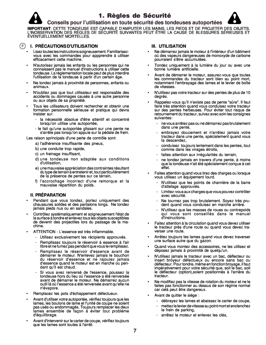 Husqvarna CTH130 instruction manual 1. Règles de Sécurité, F I. Précautions Dutilisation, Ii. Préparation, Iii. Utilisation 