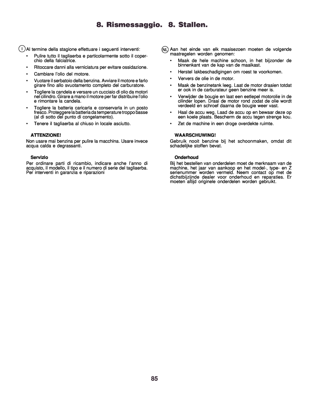 Husqvarna CTH130 instruction manual Rismessaggio. 8. Stallen, Attenzione, Servizio, Waarschuwing, Onderhoud 