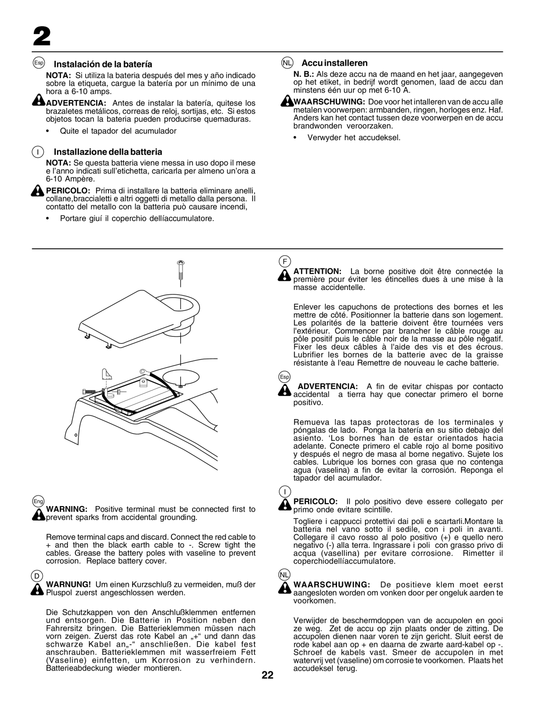 Husqvarna CTH135 instruction manual Installazione della batteria NL Accu installeren, Instalación de la batería 