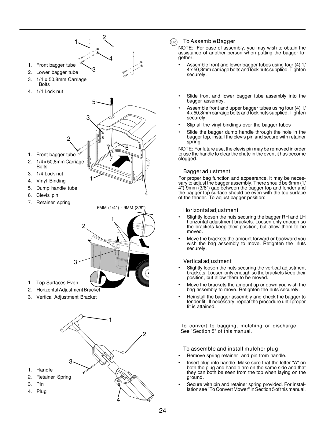 Husqvarna CTH135 instruction manual Eng To Assemble Bagger, Bagger adjustment, Horizontal adjustment, Vertical adjustment 