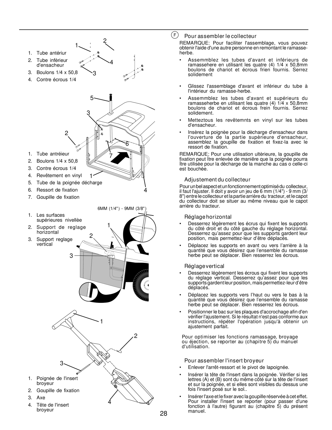 Husqvarna CTH135 Pour assembler le collecteur, Adjustement du collecteur, Réglage horizontal, Réglage vertical 