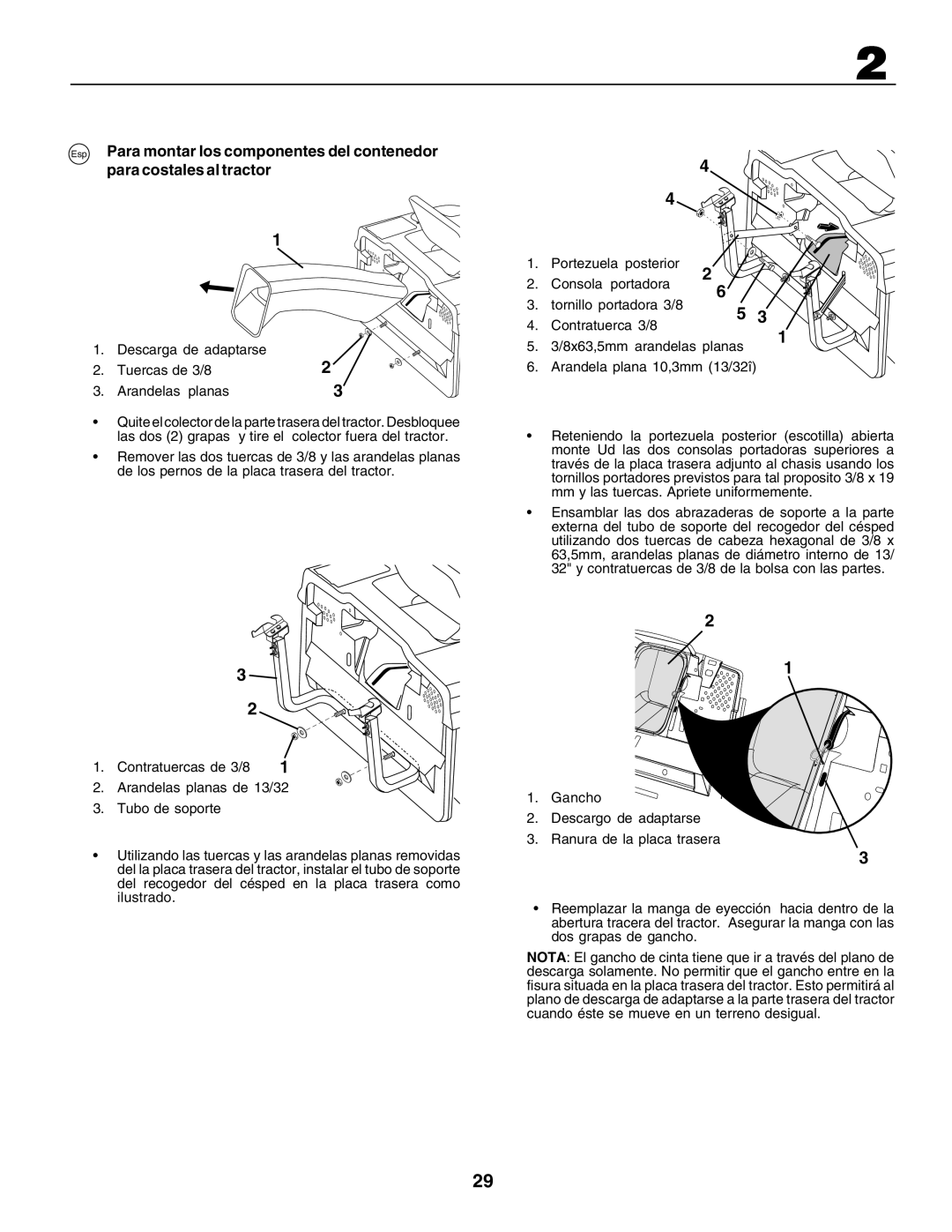 Husqvarna CTH135 instruction manual Descarga de adaptarse, 8x63,5mm arandelas planas Tuercas de 3/8 Arandelas planas 