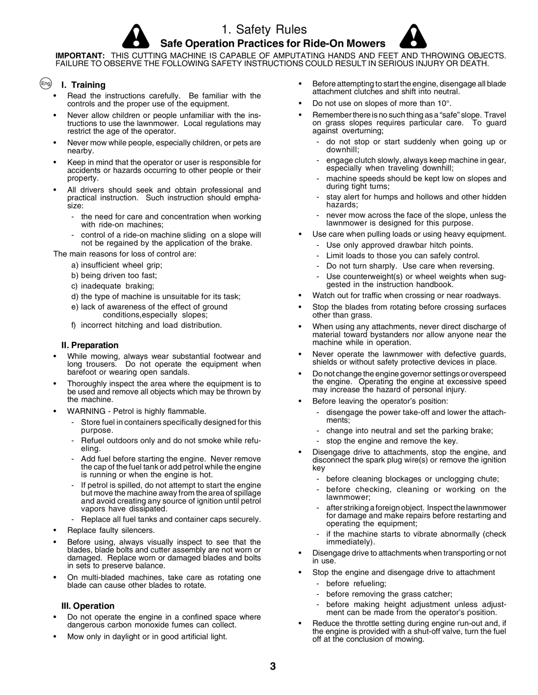 Husqvarna CTH135 instruction manual Safety Rules, Eng I. Training, II. Preparation, III. Operation 