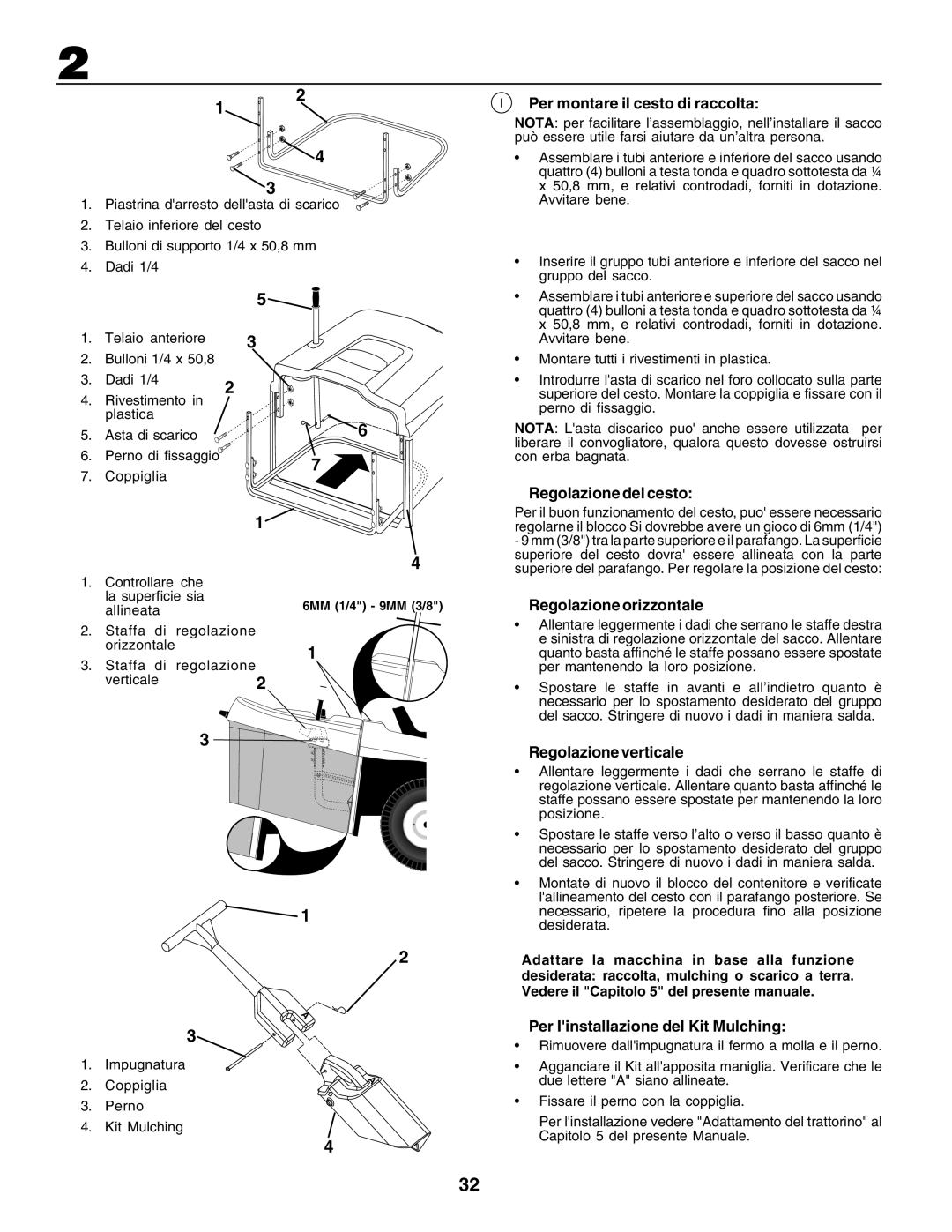 Husqvarna CTH135 Per montare il cesto di raccolta, Regolazione del cesto, Regolazione orizzontale, Regolazione verticale 