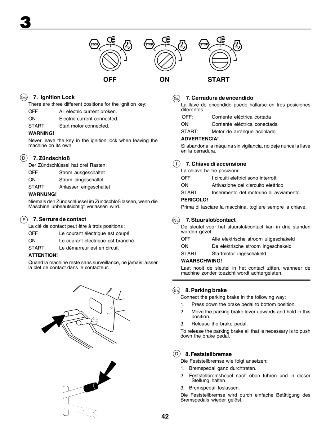 Husqvarna CTH135 Eng 7. Ignition Lock, Esp 7. Cerradura de encendido, Zündschloß, Serrure de contact, Chiave di accensione 