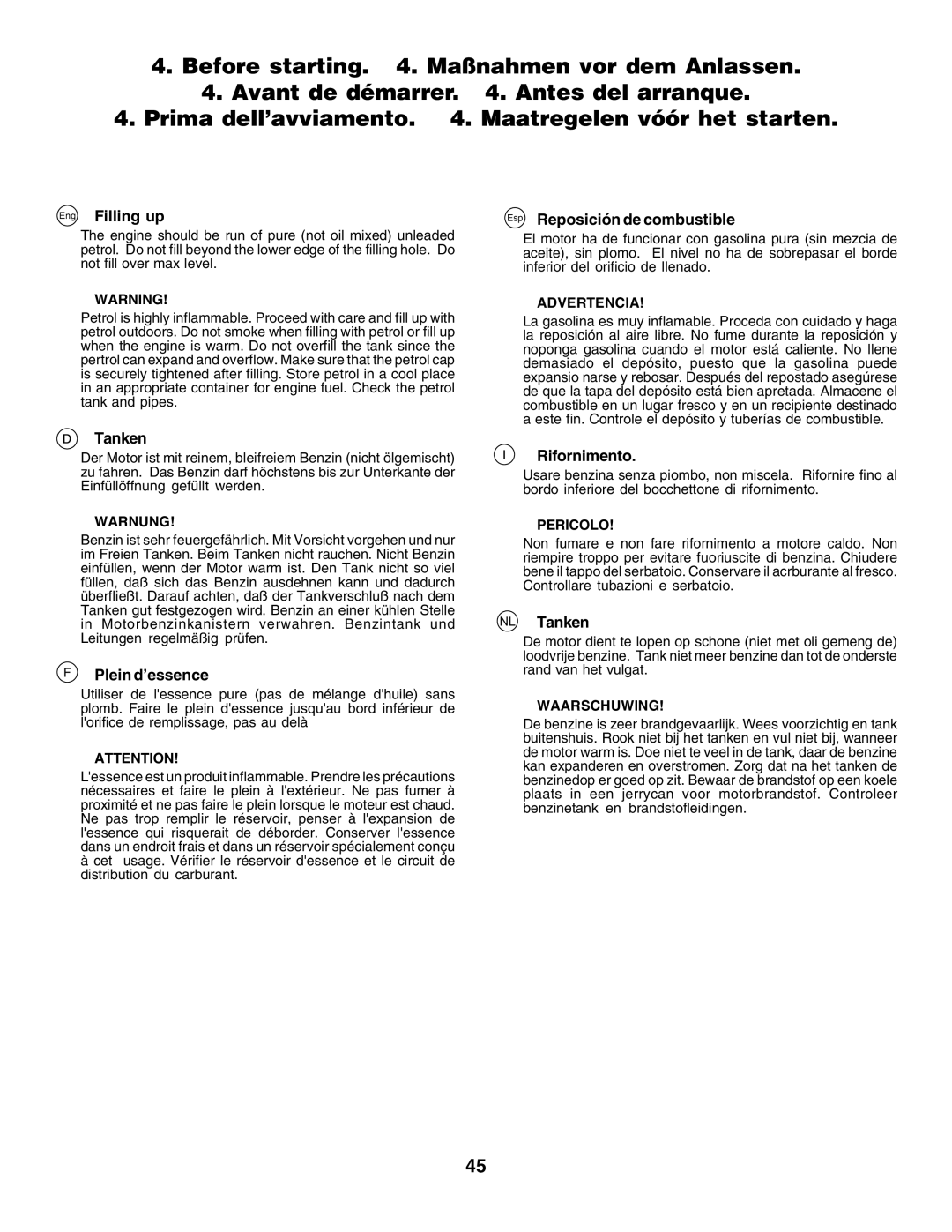 Husqvarna CTH135 Eng Filling up, Plein d’essence, Esp Reposición de combustible, Rifornimento, NL Tanken 