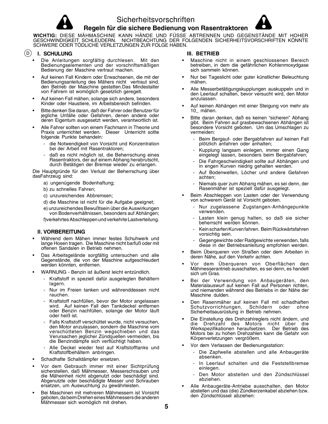 Husqvarna CTH135 instruction manual Sicherheitsvorschriften, Schulung, II. Vorbereitung, III. Betrieb 