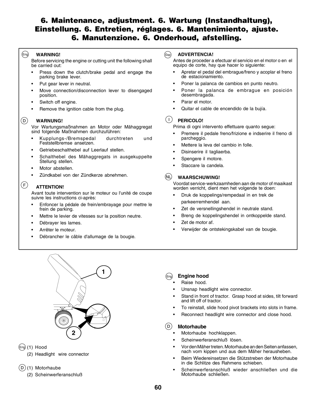 Husqvarna CTH135 instruction manual Eng Engine hood, Motorhaube hochklappen Scheinwerferanschluß lösen 