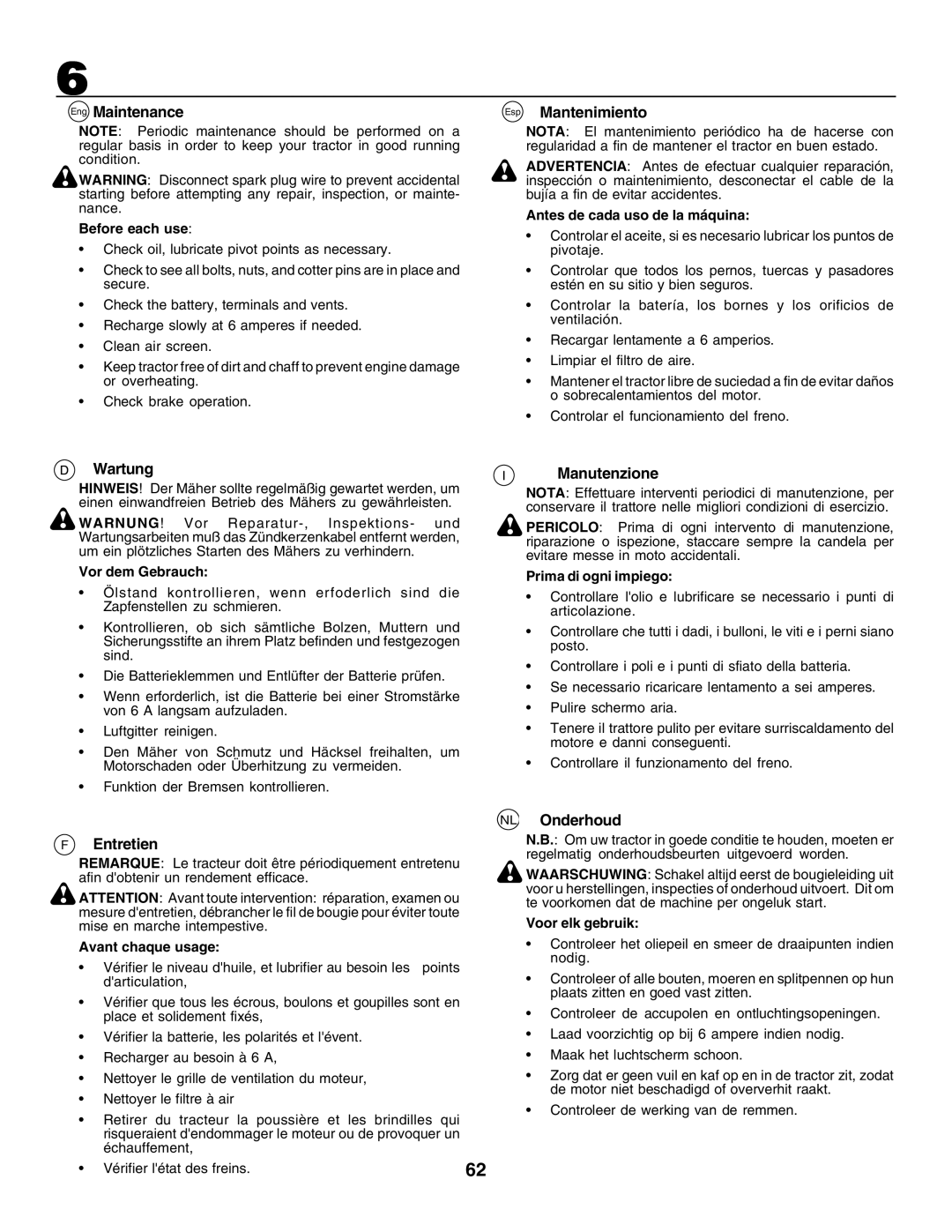 Husqvarna CTH135 instruction manual Eng Maintenance, Esp Mantenimiento, Wartung, Manutenzione, Entretien, NL Onderhoud 